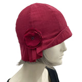Boston Millinery's Polly Cloche hat 1920s style shown here in burgundy color linen accented with a chiffon rose brooch 