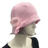 Pink Polly Pleated brim linen cloche hat with small chiffon rose