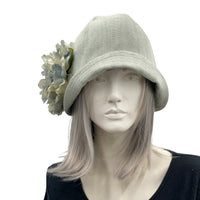 1920s Vintage Style Cloche Hat in Pale Green Linen with Large Flower. Weddings Garden Parties, Jazz Age 