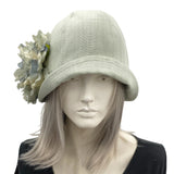 1920s Vintage Style Cloche Hat in Pale Green Linen with Large Flower front view