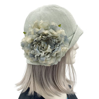 1920s Vintage Style Cloche Hat in Pale Green Linen with Large Flower-  flower view