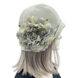 1920s Vintage Style Cloche Hat in Pale Green Linen with Large Flower-  flower view
