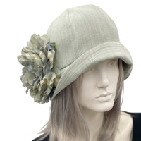 1920s Vintage Style Cloche Hat in Pale Green Linen with Large Flower