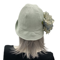 1920s Vintage Style Cloche Hat in Pale Green Linen with Large Flower rear view