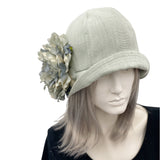 1920s Vintage Style Cloche Hat in Pale Green Linen with Large Flower top view 