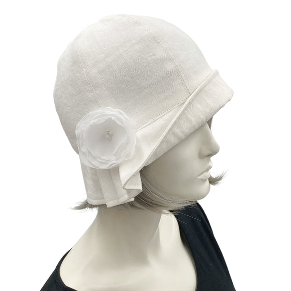 White Polly Pleated brim linen cloche hat with small chiffon rose