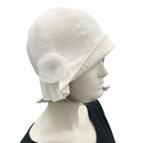 Polly white linen cloche hat pleated brim and small chiffon rose 
