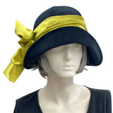 Polly wide front brim black velvet cloche hat women with chartreuse satin band and bow 