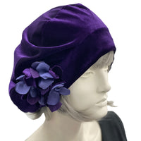 Purple Velvet Beret with Hydrangea Brooch modeled on a hat mannequin  handmade Boston Millinery 