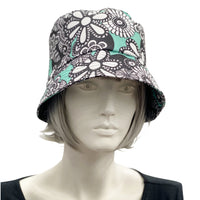 Aqua floral showerproof Rain hat bucket hat for women front view