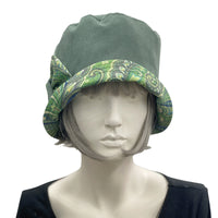 Rain Hat in green faux suede and green pattern brim and bow brooch -2