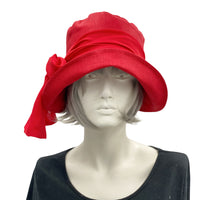 Red linen 20s Style Cloche Hat with Red Chiffon Scarf Boston Millinery  short hair front view