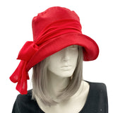Red linen 20s Style Cloche Hat with Red Chiffon Scarf Boston Millinery  Long hair view