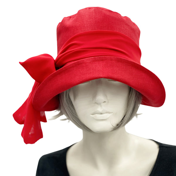 Red linen 20s Style Cloche Hat with Red Chiffon Scarf Boston Millinery 