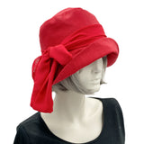 Red linen 20s Style Cloche Hat with Red Chiffon Scarf Boston Millinery  1920s vintage jazz age 