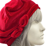 Soft Red Velvet Beret with Small Bow close up