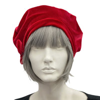 Soft Red Velvet Beret with Small Bow front view