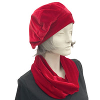 Velvet Single Wrap Infinity Neck Warmer red Boston Millinery pictured with matching beret