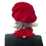 Velvet Single Wrap Infinity Neck Warmer red Boston Millinery rear view with beret