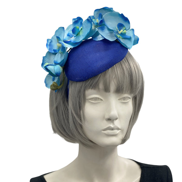 Royal Blue Fascinator with teal turquoise orchid flowers handmade millinery USA