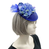 Peony and Feather Floral Headpiece, Royal Blue Kentucky Derby Fascinator side view
