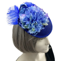 Peony and Feather Floral Headpiece, Royal Blue Kentucky Derby Fascinator top side view
