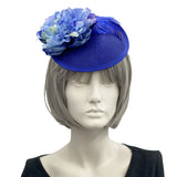 Peony and Feather Floral Headpiece, Royal Blue Kentucky Derby Fascinator front view