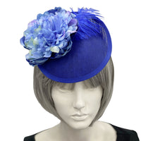 Peony and Feather Floral Headpiece, Royal Blue Kentucky Derby Fascinator