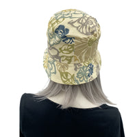 Leaf Print bucket hat shown modeled on hat mannequin handmade by Boston Millinery rear view