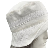 Close up on the lace 1920s Cloche Hat in Antique White Linen, Summer Hat with Lace Trim, Wedding Hat for Women, Bridal Garden Party and Summer Events side view without flower accessory
