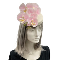 Pillbox Hat in cream with pink orchid spray handmade Boston Millinery Kentucky Derby Hat