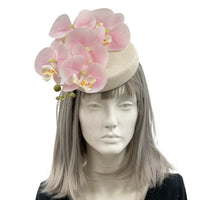Pillbox Hat in cream with pink orchid spray handmade Boston Millinery