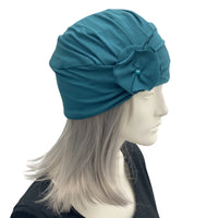 Cotton knit jersey chemo hat turban teal handmade Boston Millinery 