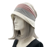 Tri color cloche hat pink gray white Boston Millinery side view
