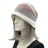 Tri color cloche hat pink gray white Boston Millinery side view