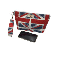 Union Jack wristlet purse with phone for sizing