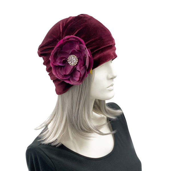 Glamorous Velvet Beanie with Peony Brooch