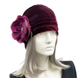 Glamorous Velvet Beanie with Peony Brooch front view raspberry
