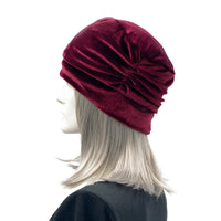 Glamorous Velvet Beanie with Peony Brooch side view of gathers