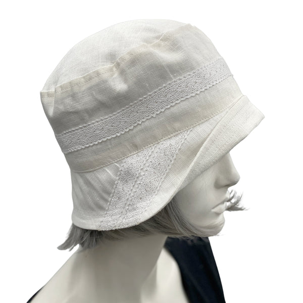 Cloche hat women in off white linen with antique style lace embellishment 