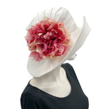 White Linen Derby Hat with Large Pink Peony st Style Brooch. Modeled on a hat mannequin Boston Millinery 