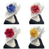 Wide brim white Linen Derby Hat with various colors of peony flower brooch