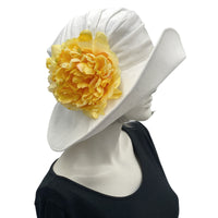 White Linen Derby Hat with large yellow peony style brooch 