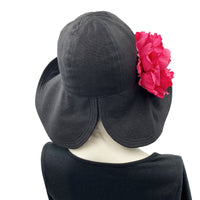 Wide Brim Derby Hat with deep pink flower brooch rear view open brim