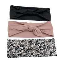 Knotted Bow Boho Head Wrap in Stretch Jersey, Dusky Pink, Black and Floral | Spring Collection