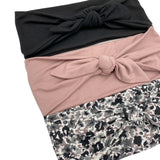 Knotted Bow Boho Head Wrap in Stretch Jersey, Dusky Pink, Black and Floral | Spring Collection