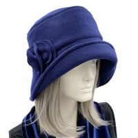 Boston Millinery's cozy winter cloche with an equidistant shape brim shown in navy blue side view