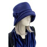 Eleanor navy blue fleece cloche hat modeled on a mannequin Boston Millinery