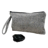 Wristlet Pouch handbag black and white wool tweed  removable flower brooch