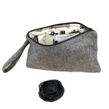 Wristlet Pouch handbag black and white wool tweed  shown open